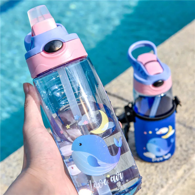 480ML Leakproof Kids Water Bottle – Cartoon Sippy Cup with Straw for Active Kids