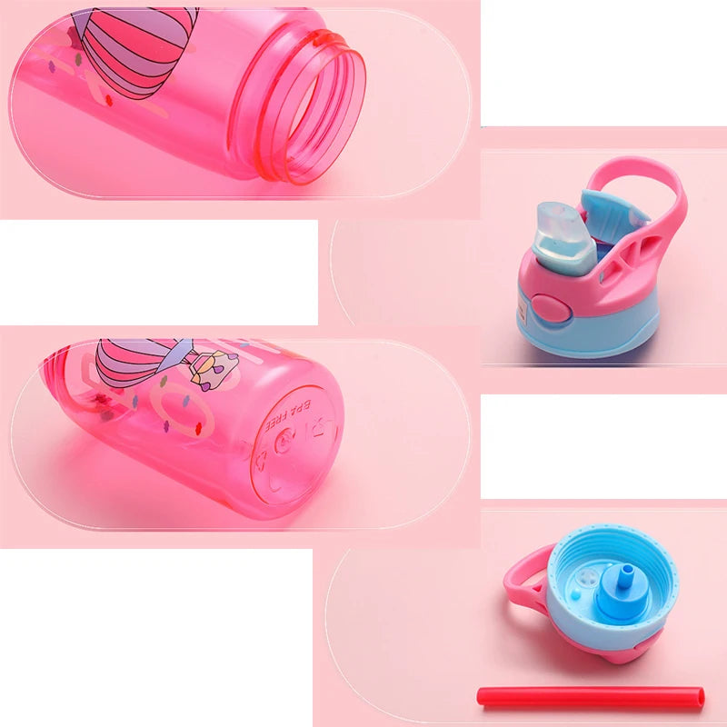 480ML Leakproof Kids Water Bottle – Cartoon Sippy Cup with Straw for Active Kids