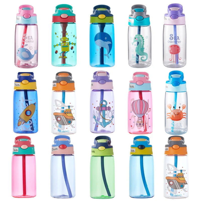480ML Leakproof Kids Water Bottle – Cartoon Sippy Cup with Straw for Active Kids