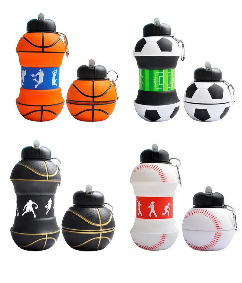 Kids Foldable Sports Water Bottle – Basketball/Football Design, Leakproof & Portable